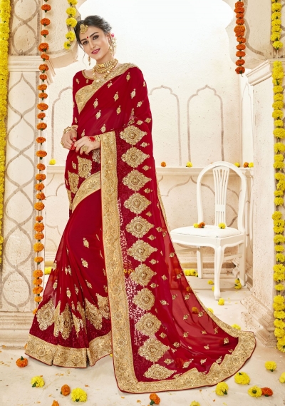 Red Faux  Georgette  Embroidered  Traditional  Saree 5906